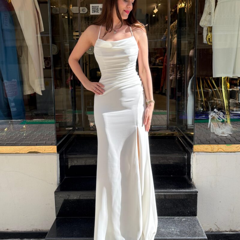 Cream Drapeli Uzun Abiye